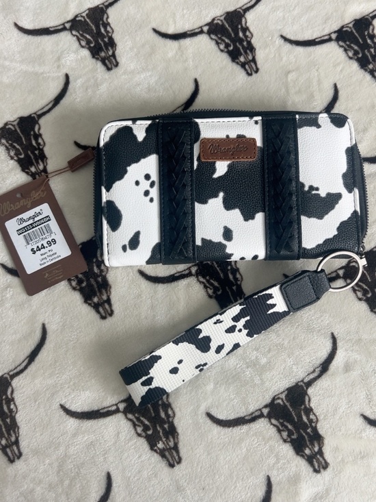 Wrangler Handbags - NWT Wrangler Cow Print Zip Around Wallet Wristlet Black White